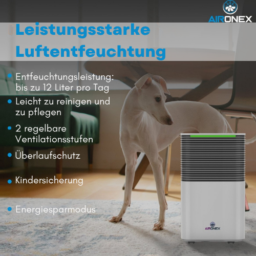 Aironex Luftentfeuchter LO12 – 12 L/Tag – Bis 25 m² – Leise 36 dB – Weiß
