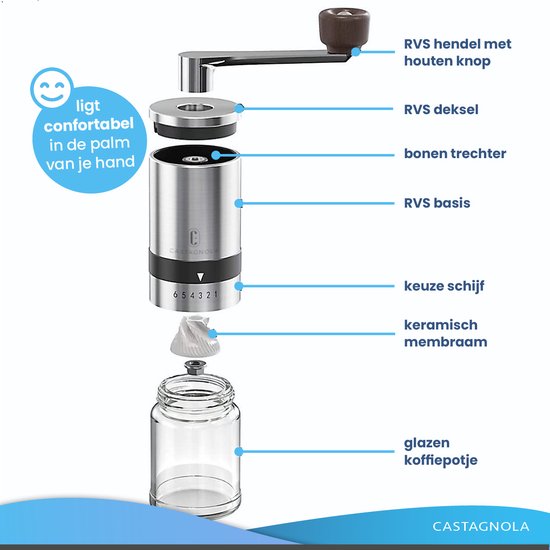 Castagnola Kaffeemühle - Manuelle Kaffeemühle - Mühle für Kaffeebohnen - Mühle für Bohnen mit 6 Stufen - Gewürzmühle - Edelstahl