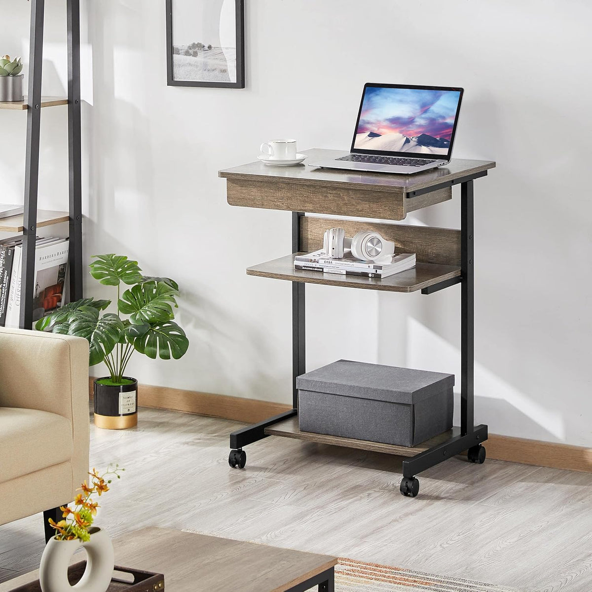 Yaheetech Rolltisch mit Schublade und 4 Ablageböden – 56 x 51 x 79,5 cm – Taupe