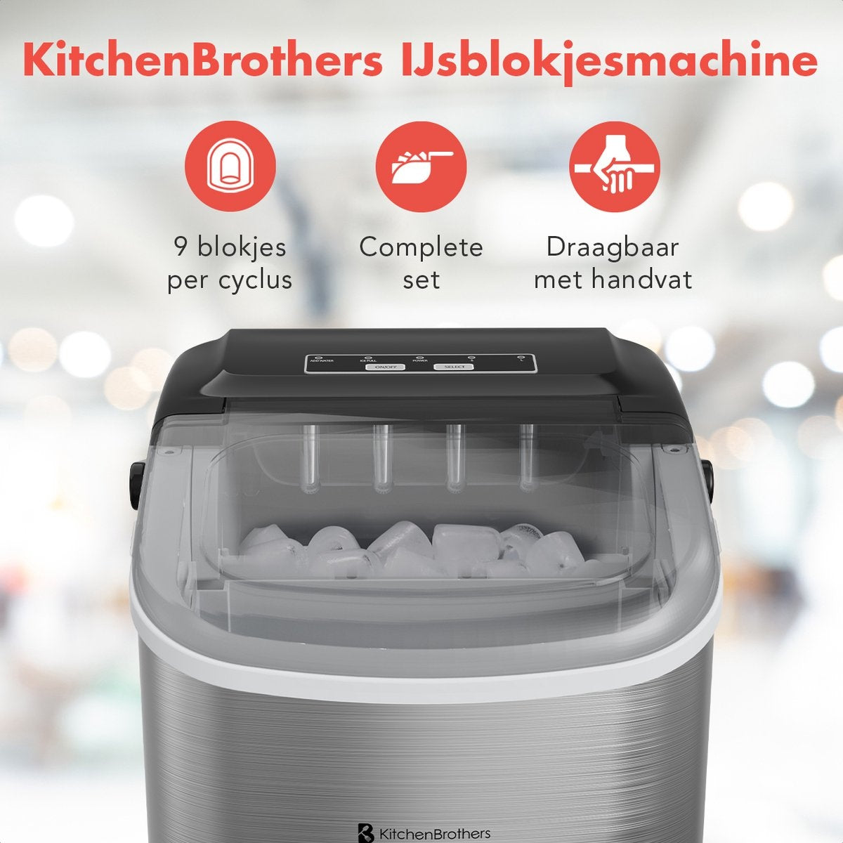 KitchenBrothers Eiswürfelbereiter - 1.2L - 7-10 min. - 12kg/24h - Tragbar mit Handgriff - Eiswürfelbereiter mit Eisportionierer - Edelstahl
