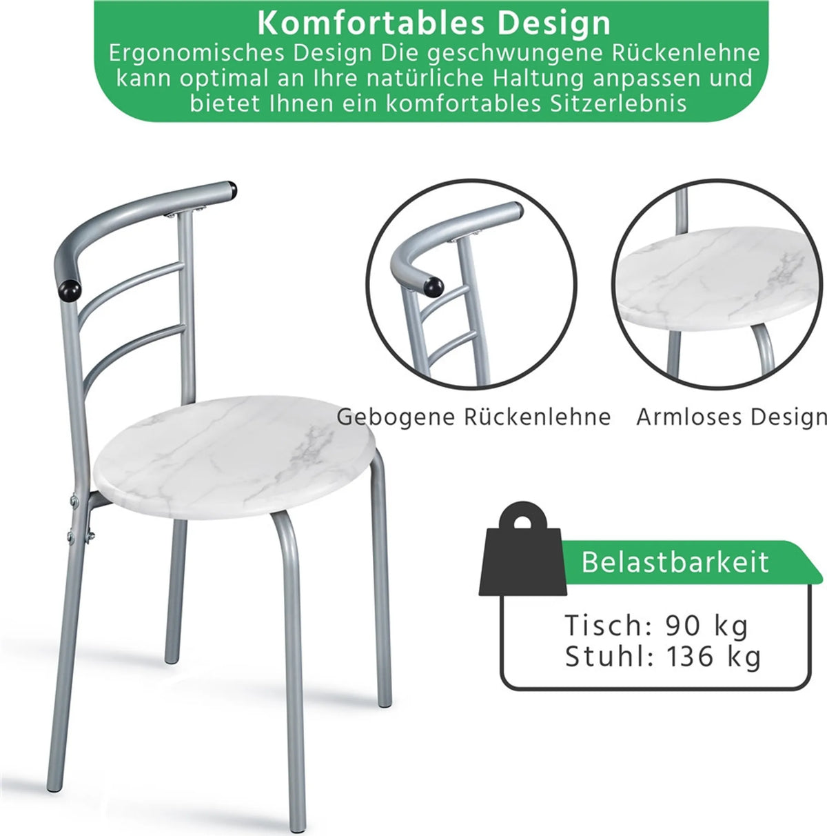 3-teilige Essecke mit Tisch und 2 Stühlen in Holzoptik aus MDF und mit Metallgestell in Weiß, 80 × 53 × 73,5 cm