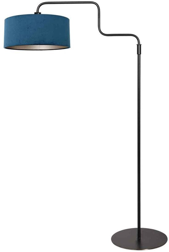 Schwarze Stehleuchte Bloeba 4169ZW von Steinhauer mit verstellbarer Höhe (150-165 cm) und ausziehbarem Schwenkarm bis 66 cm, Metallfuß mit blauem Veloursschirm Ø40cm, trendiges Design für Innenräume.