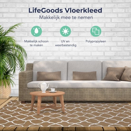 LifeGoods Outdoor Teppich - 183x290CM - Gartenteppich - Reversibel - Inkl. Tragetasche - Mit Muster - Beige/Weiß
