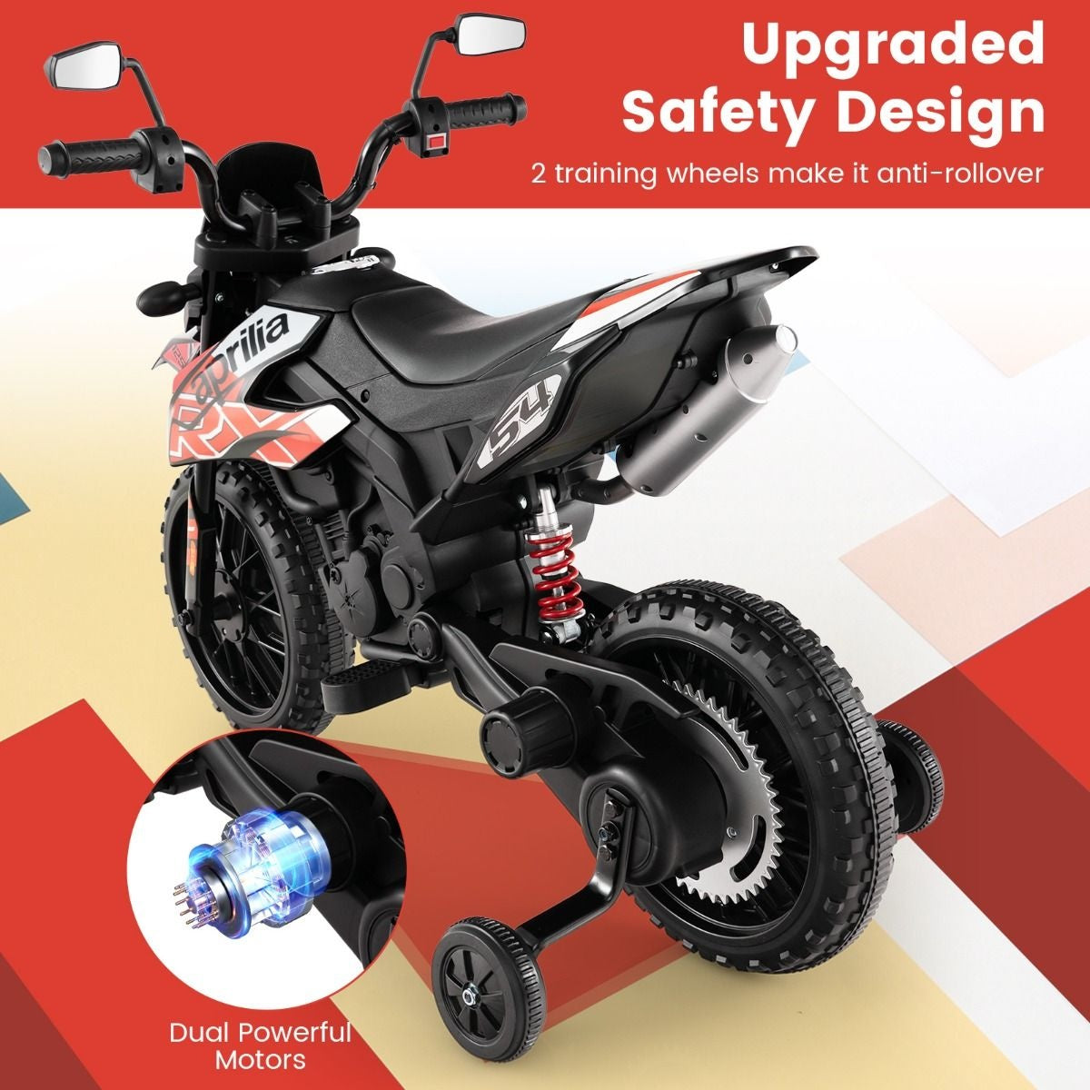Elektromotorrad Aprilia-Führerschein für Kinder mit 2 Stützrädern 12V Batteriebetriebenes Motorrad mit Musik für Kinder von 3-8 Jahren