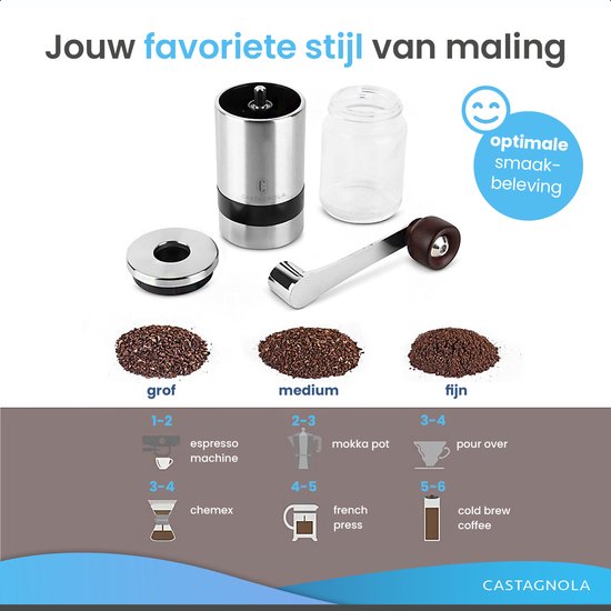 Castagnola Kaffeemühle - Manuelle Kaffeemühle - Mühle für Kaffeebohnen - Mühle für Bohnen mit 6 Stufen - Gewürzmühle - Edelstahl