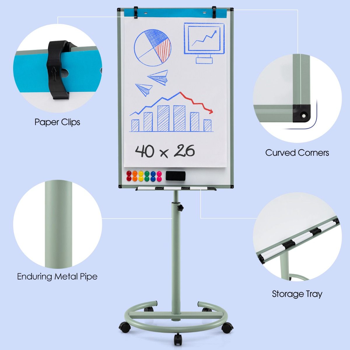 Coast Rollbares Whiteboard mit Magneten und Markern – höhenverstellbar – grün – 100 x 65 cm