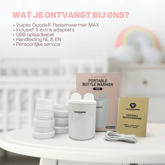 Vulpes Goods® BabyCare - Flaschenwärmer Pro - Tragbarer Babyflaschenwärmer für die Reise - Intelligenter Flaschenwärmer - 4 Temperaturstufen - Kabellos - Inklusive 6 Adapter - USB Wiederaufladbar - 13.200 mAh - Weiß