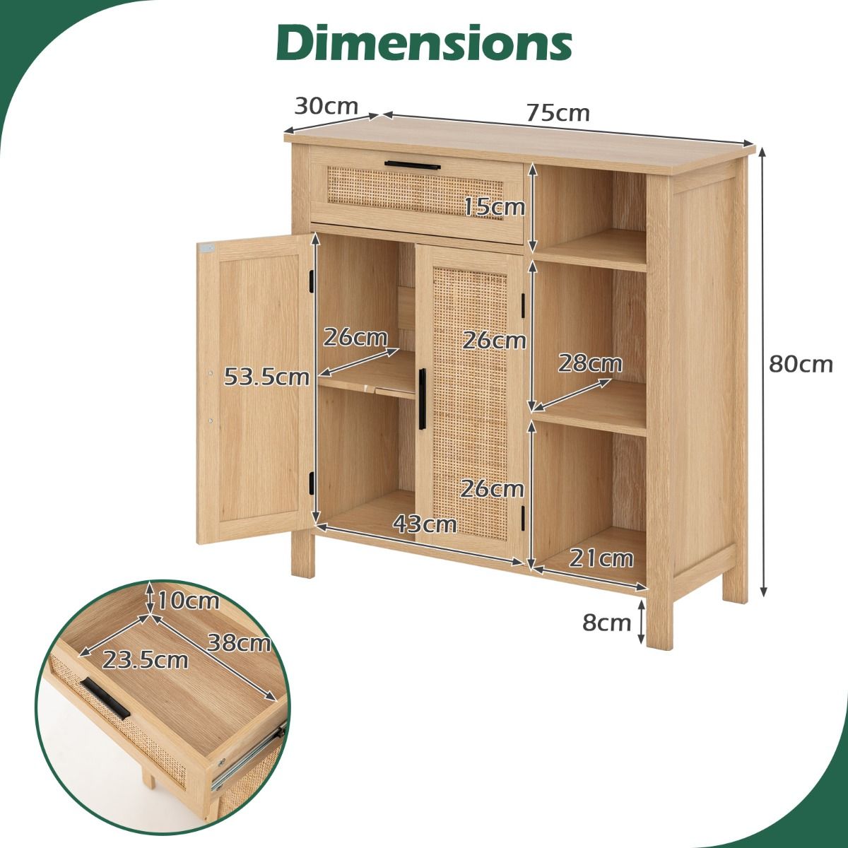 Coast Holzkommode – Türen und Schublade aus Rattan – Verstellbares Regal – Naturfarben 75 x 30 x 80 cm