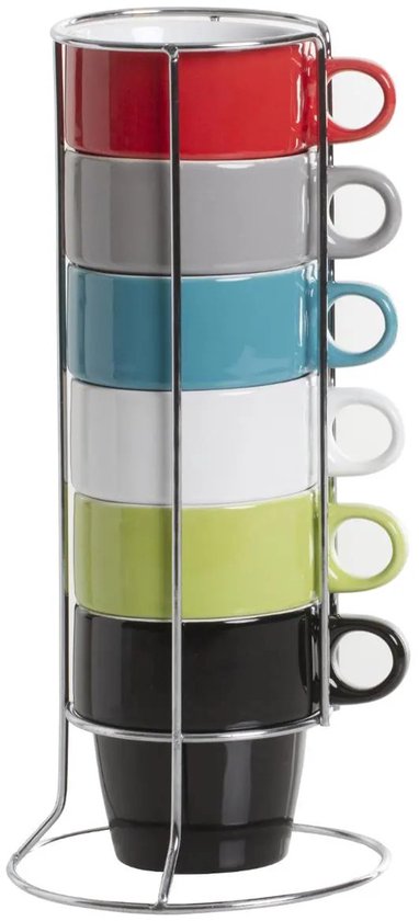 Secret de Gourmet Kaffeetassen/Becher Colorama – 6 Stück im Metallständer – Keramik – glänzende Oberfläche – 260 ml – 8 x 9 cm