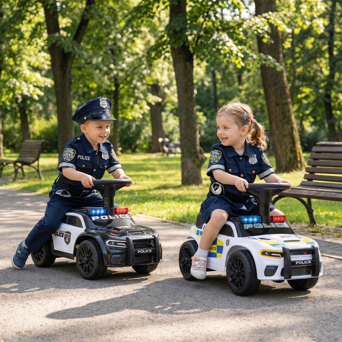 Coast Elektrisches Polizeiauto für Kinder – Blaulicht und Musik – Stauraum unter dem Sitz – Schwarz