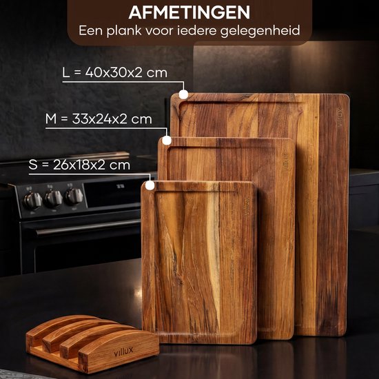 Villux Schneidebrett – Schneidebrett-Set mit Halterung – Schneidebrett aus Holz – Schneidebretter – Schneidebrett aus Teakholz – Holz-Schneidebrett – Schneidebrett-Set – Tapas-Brett - Snackbrett – Servierbrett – Häppchenbrett – Inklusive E-Book – 3 Stück