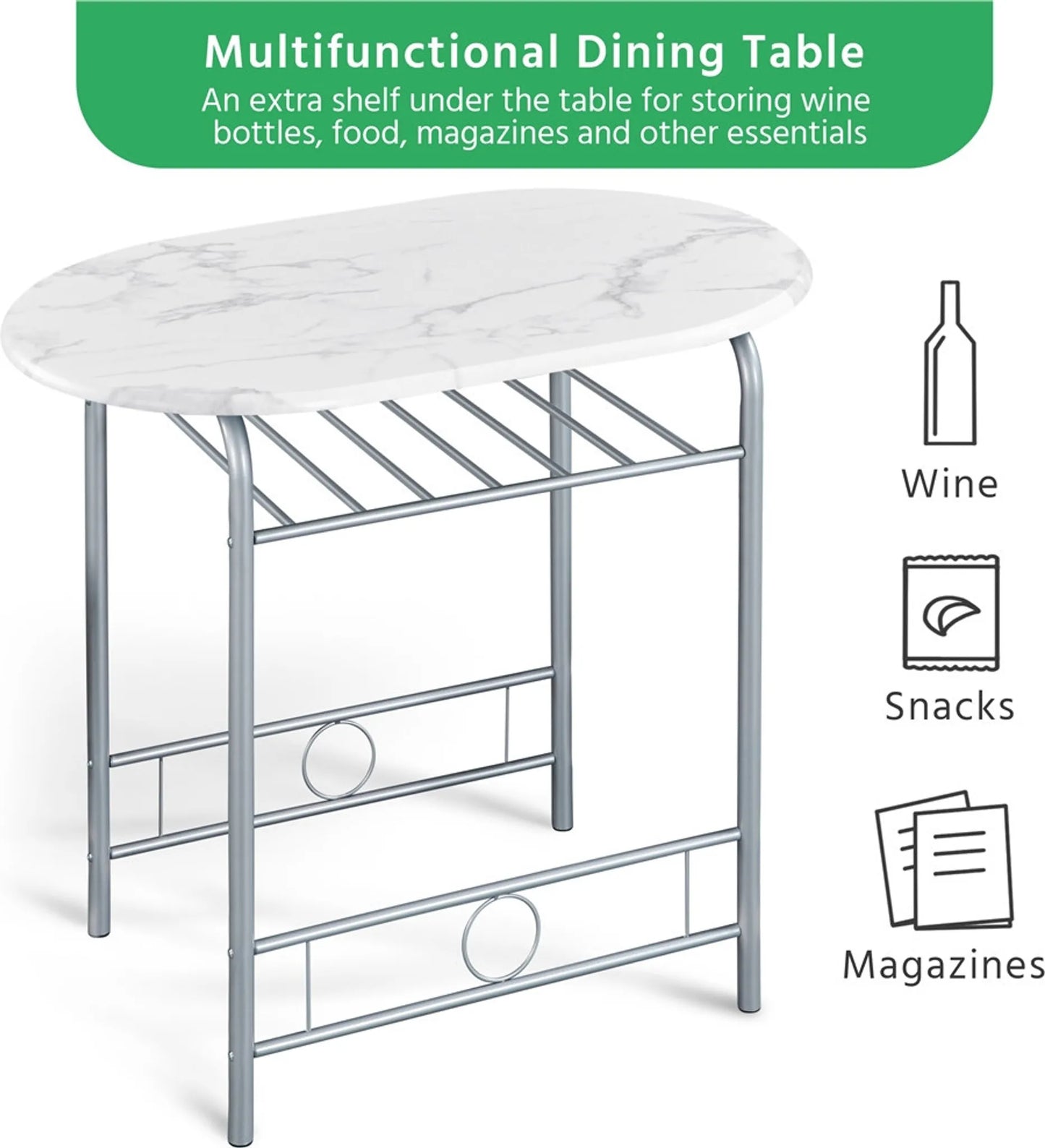 Yaheetech Esstisch 3-teilig - mit Stauraum unter der Tischplatte und zwei Stühlen mit Rückenlehne und platzsparendem Design - für Küche und Balkon - weißes Mdf und Metall - 90 x 53 x 75,5 cm