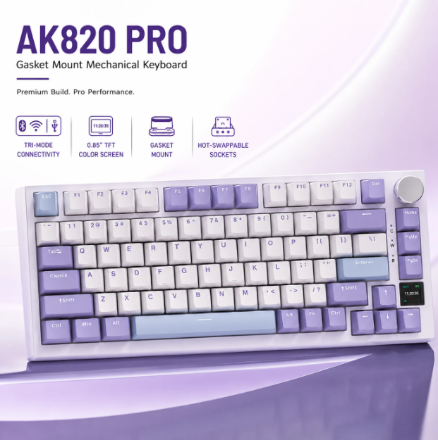 AJAZZ AK820 Pro Mechanische Tastatur – 75 % – QWERTY US – Tri-Mode – TFT-Display – RGB – Grau – Sea Salt Purple-Schalter