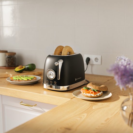 KitchenBrothers Retro-Toaster - Toaster - 6 Heizstufen - 2 extra breite Schlitze - 815W - Schwarz