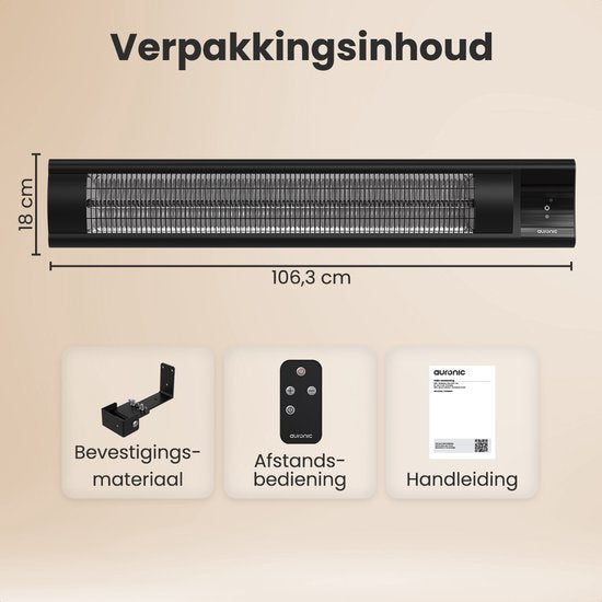 Auronic Terrassenstrahler - XL - Infrarotheizung - Elektrisch - 25m2 - 3000W - Fernbedienung - 9 Stufen - Schwarz