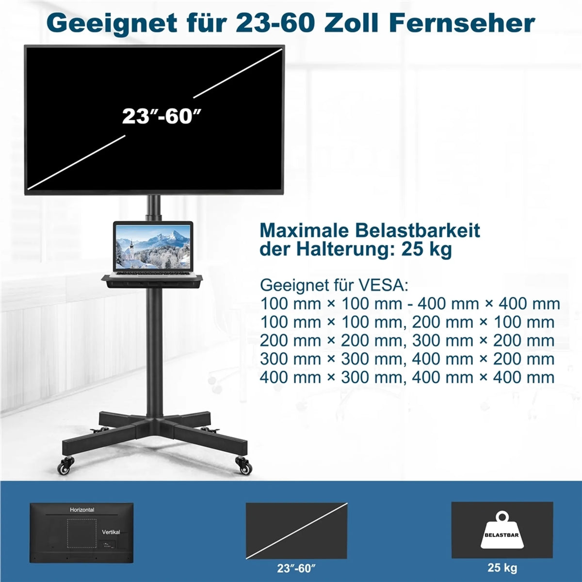 TV-Ständer auf Rädern für Fernseher von 23 bis 60 Zoll, höhenverstellbar und schwenkbar, schwarz
