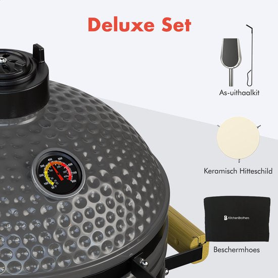 KitchenBrothers Kamado BBQ - 16-Zoll-Holzkohlegrill - 34⌀ cm - PFAS-frei - Deluxe-Set - Eiergrill mit Zubehör - Grau