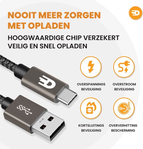 Drivv. USB-auf-USB-C-Kabel - Schnellladegerät - USB-C-Daten- und Ladekabel - kurz - 1 Meter - geeignet für Samsung, iPhone 15 & mehr - Modernes Grau