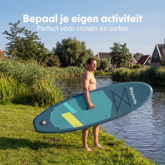 LifeGoods SUP Board All-round Compact - mit Sitz - 100 KG Tragfähigkeit - 300 x 76 cm - Aufblasbar - Komplettes SUP Paket - Cyan/Dunkelgrün
