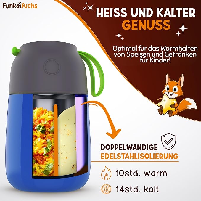 Funkelfuchs Thermos-Lunchbox Dino – 500 ml – Edelstahl – Auslaufsicher – Blau