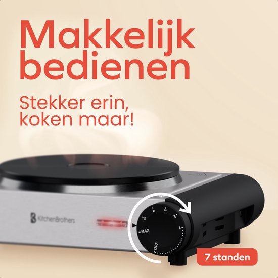 KitchenBrothers Elektrokochfeld - 1 Brenner - Freistehend - 7 Temperaturstufen - 1500W - Edelstahl/Schwarz