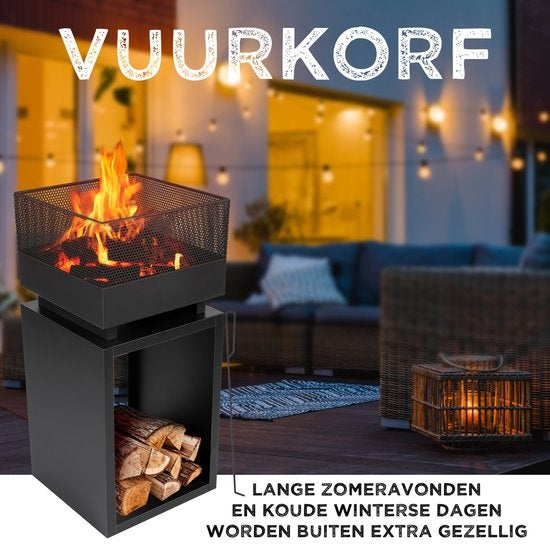 BBQ Collection - Feuerkorb mit Funkenschutz - Gartenkamin 39 x 39 x 85 cm - Outdoor-Kamin mit Pfahl und Brennholzlager - Holzofen für Garten und Terrasse - Outdoor-Ofen für Holz - Carbonstahl