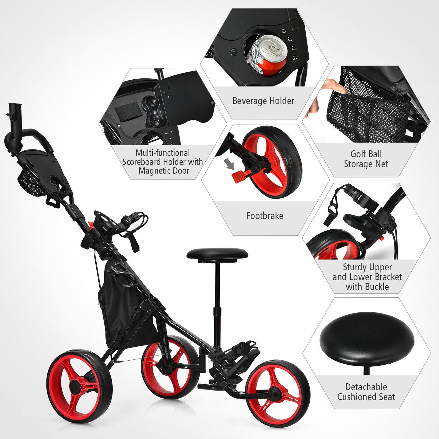 Coast 3-Rad Golf Kart Einstellbares Licht Golf Kart 129,5 x 75 x 101,5-119,5 cm rot + schwarz