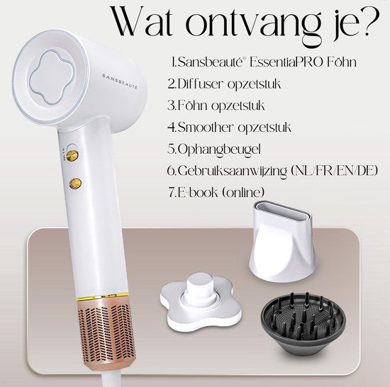 Sansbeauté® Haartrockner mit Diffusor - Locken - 110.000 U/min - Ionen-Haartrockner mit Bürste - 3 Stufen - 3 Aufsätze - Reisehaartrockner - Coolshot - Haartrockner mit Diffusor - Haartrockner - 2000W - EssentiaPRO®