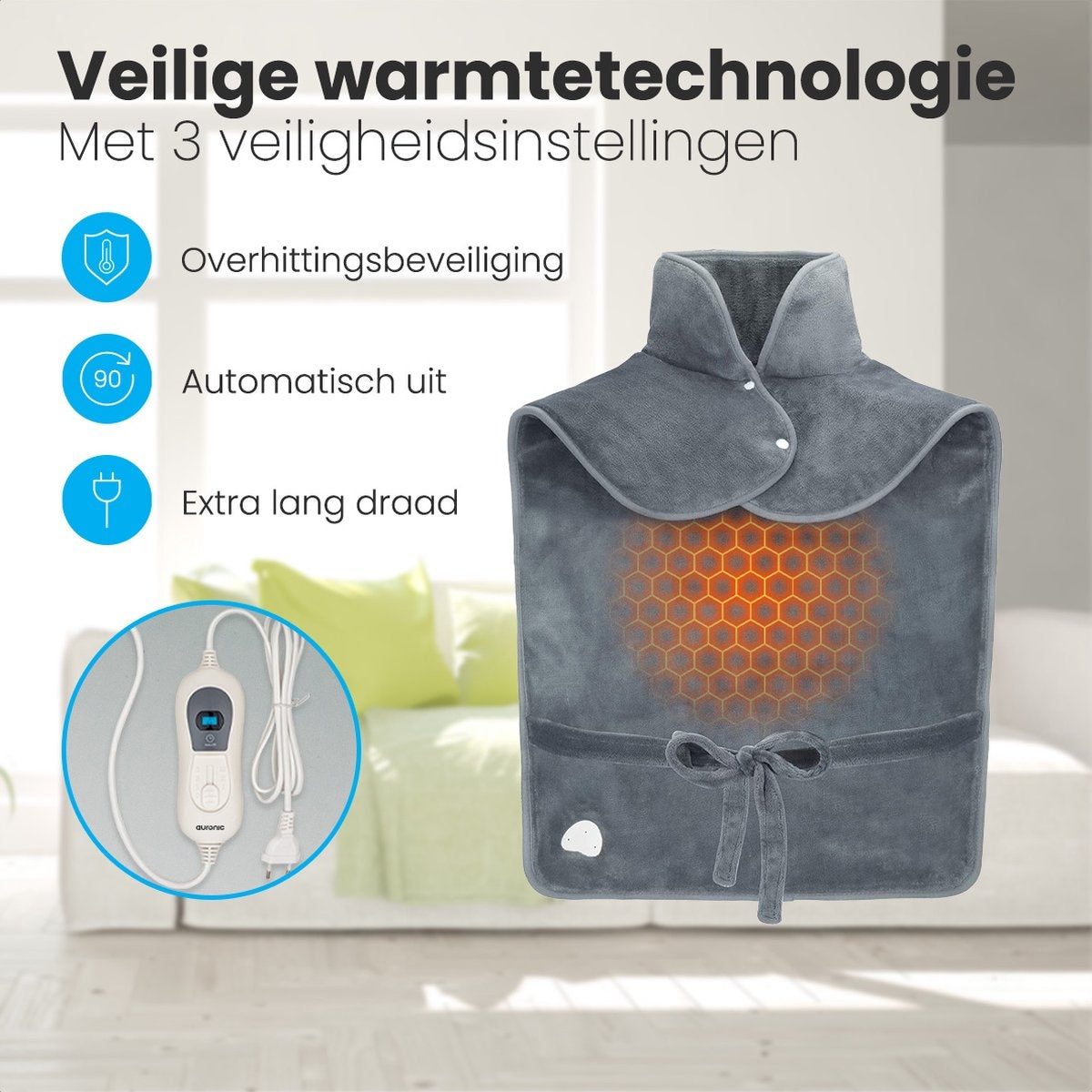 Auronic - Heizkissen - 3 Wärmestufen - Überhitzungsschutz - Waschbar - Grau