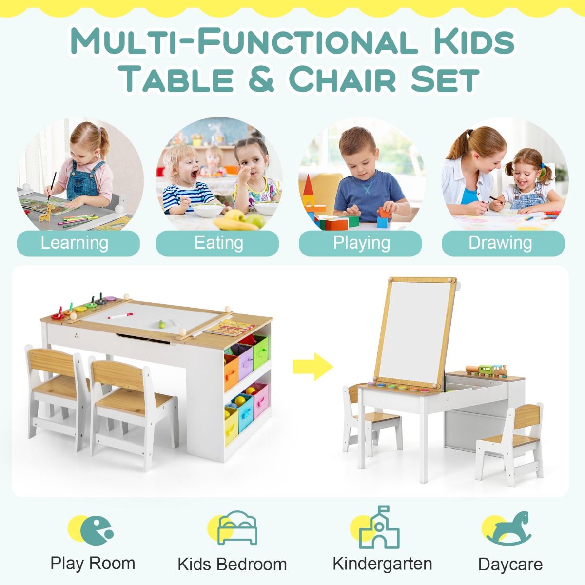 Coast Kinder-Mal- und Zeichenpult-Set – 2-in-1-Multifunktionsdesign – mit 2 Stühlen – weiß und naturfarben