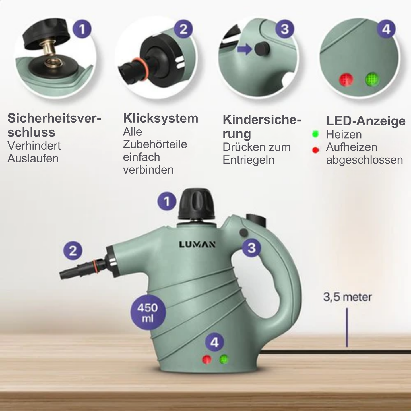 LUMAN 16-in-1 Dampfreiniger C1 - Handdampfreiniger - Fleckenreiniger - 1050 Watt - 450 ML - Grün