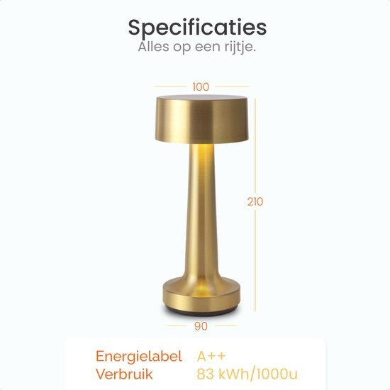 Goliving Tischlampe Wiederaufladbar - Kabellos und dimmbar - Moderne Touch-Lampe - Nachtlampe für das Schlafzimmer - 21 cm - Gold