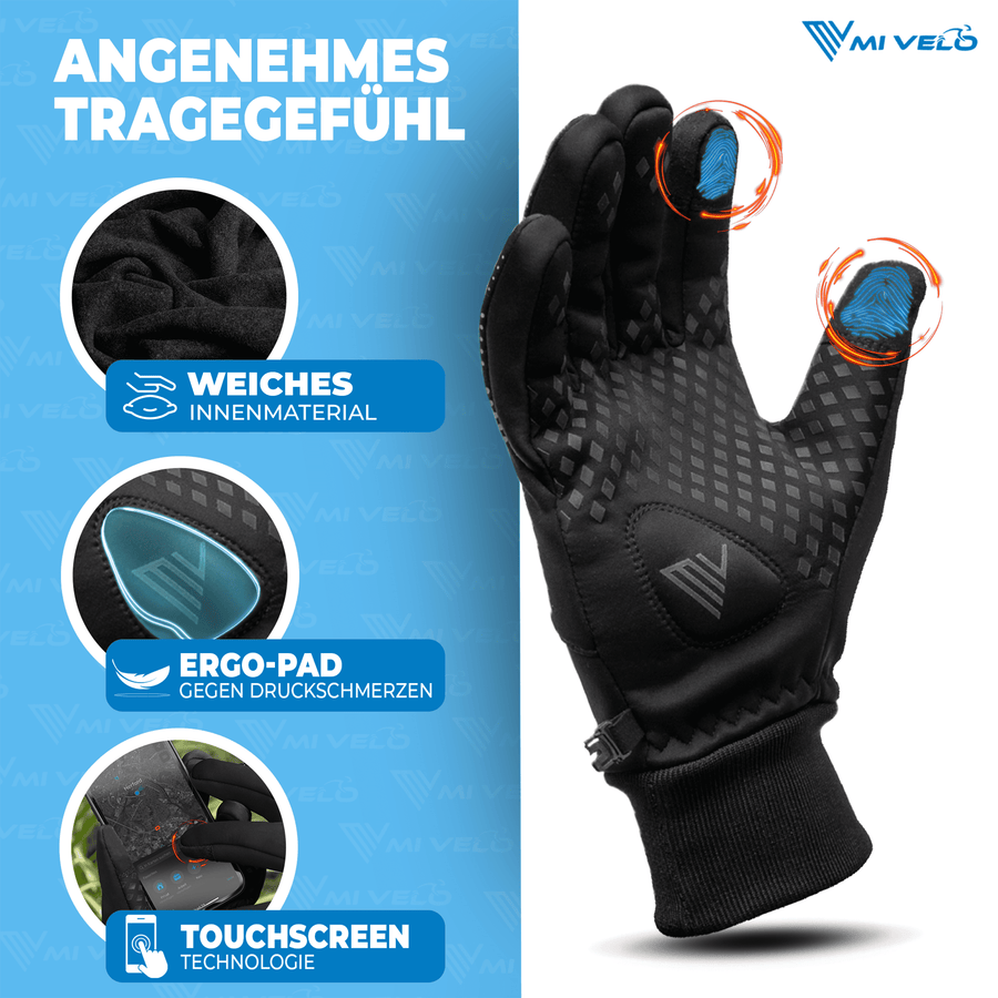 MiVelo Winddichte & Wasserabweisende Fahrradhandschuhe - Unisex - Schwarz - Größe M