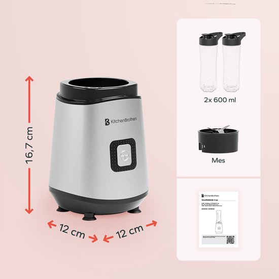KitchenBrothers Mini Blender - Mixer zum Mitnehmen - Smoothie Maker - 2 To-Go Becher 600 ml - Edelstahl