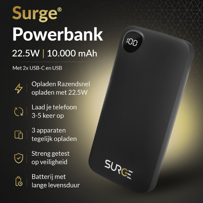Surge C-Twin Powerbank 10.000mAh 22,5W - 2x USB-C + USB - Schwarz - Kompakt 14,2 x 6,8 x 1,6 cm