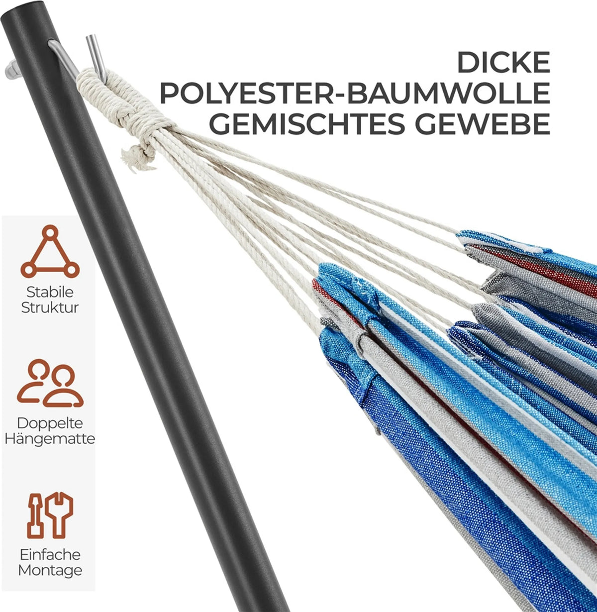 Camping-Hängematte mit Ständer für 2–3 Personen, verstellbar von 294 bis 314 cm, blau