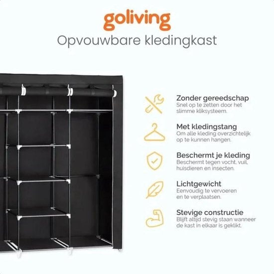 Goliving Faltgarderobe - Garderobenschrank - Kleiderschrank - Stoff-Faltschrank - Campingschrank - 175x150x44 cm - Schwarz