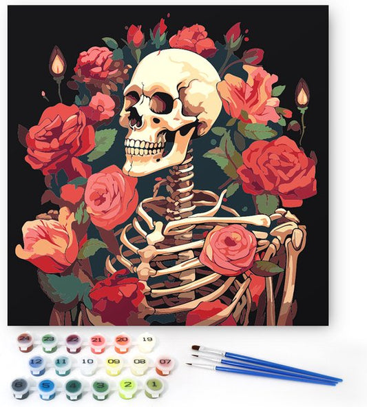 Rubye® Malen nach Zahlen Erwachsene - Malen nach Zahlen Kinder - Skelett & Rosen - Inklusive Farbe und Pinsel - Leinwand Malerei Leinwand - Farbe nach Zahlen - 30x30cm