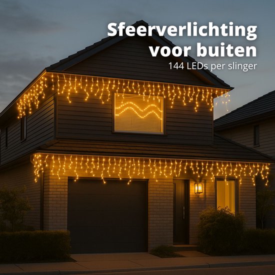 FlinQ 144 LED-Eiszapfenlichter warmweiß - Weihnachtsbeleuchtung - Weihnachtsbeleuchtung für den Außenbereich - warmweißes Licht - 14 Meter (4,2 Meter Lichter)