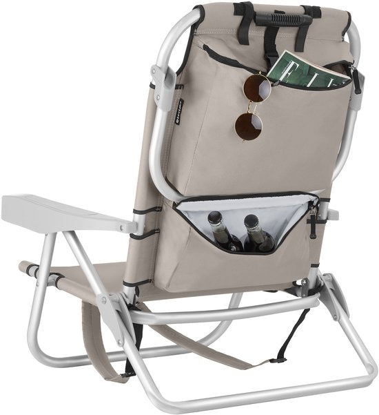 tectake® Beach Chair Coral - faltbarer Campingstuhl mit Kühltasche und Aufbewahrungstasche - 5-fach verstellbare Rückenlehne mit Kopfkissen - breite Armlehnen mit Becherhalter / Telefonhalter - faltbarer Campingstuhl - Beige