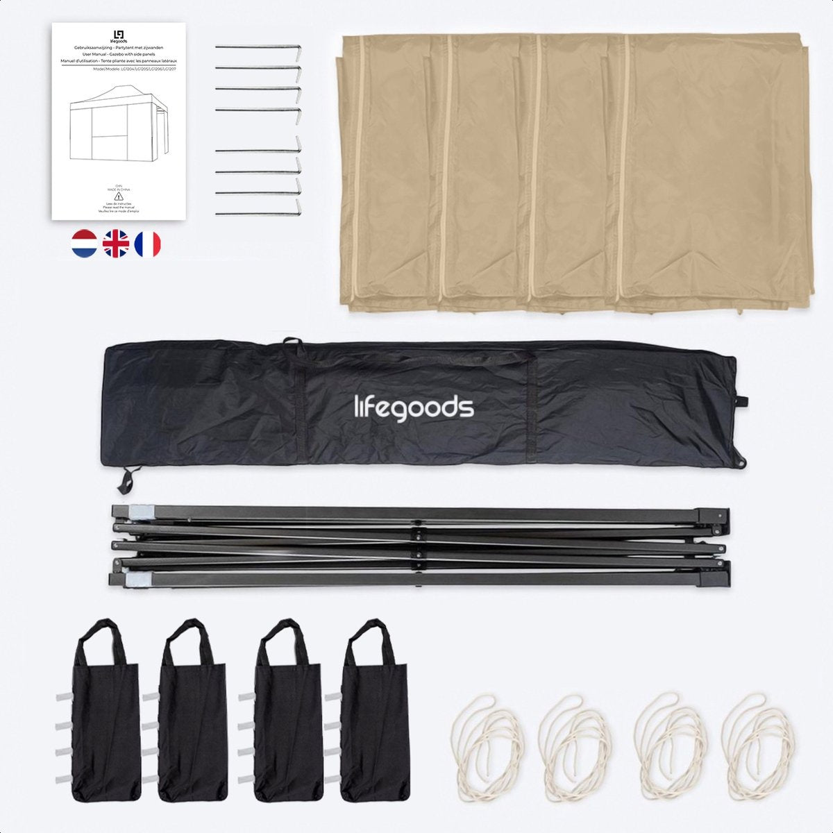 LifeGoods Pavillon Partyzelt - 3,0 x 4,5 m - Leicht aufbaubar, faltbar, wasserdicht - Tragetasche mit Rädern - Beige