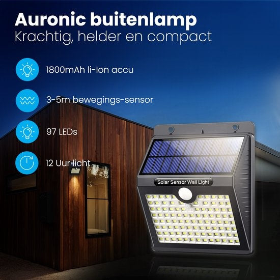 Auronic Solar Außenleuchte mit Bewegungssensor - Wandleuchte mit Sensor - Solar - 97 LEDs - IP65 - 2 Stück - Schwarz