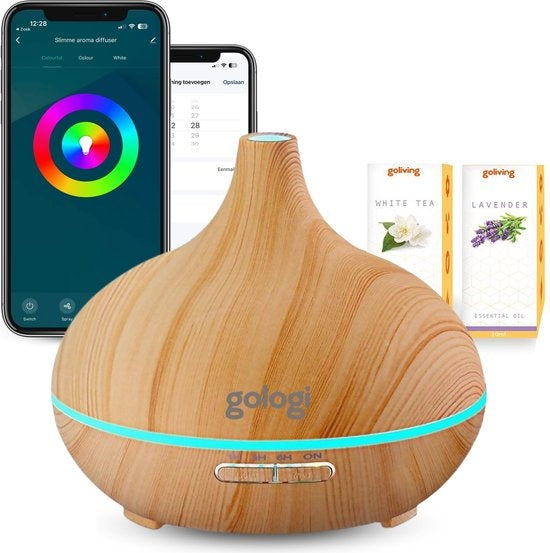 Gologi Slimme Aroma Diffuser - 550ML - Luchtbevochtiger - Geurverspreider - LED verlichting - Incl. 2 Etherische OlieÃƒÃ n - Lichtbruin