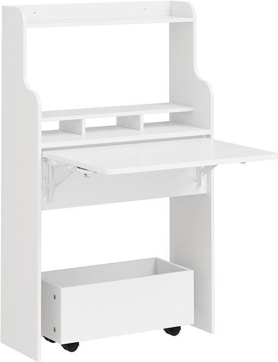 SoBuy Wandklapptisch FWT105-II-W – Multifunktionaler, platzsparender Klapptisch mit Rollen – Zusammenklappbarer Schreibtisch mit Schublade und Ablagen – Weiß