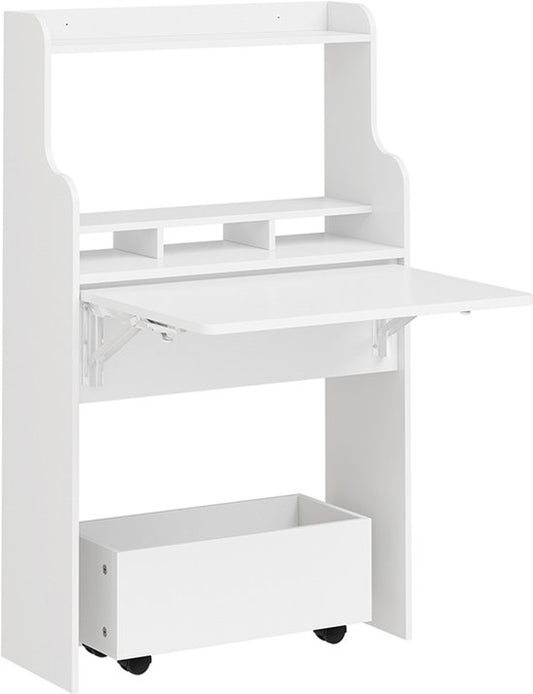 SoBuy Wandklapptisch FWT105-II-W – Multifunktionaler, platzsparender Klapptisch mit Rollen – Zusammenklappbarer Schreibtisch mit Schublade und Ablagen – Weiß