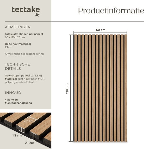 tectake - 4er-Set Akustikpaneele Sonic Wall - Schallabsorbierendes Paneel - Schalldämmung - Akustikwandpaneel - 120x60x2,1cm - Akustische Wanddekoration - Eiche hell