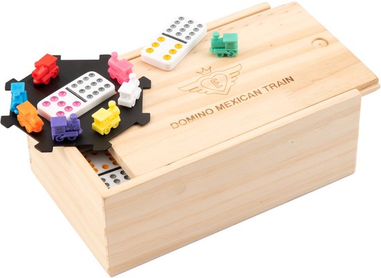 Domino Doppel 12 Mexican Train – 91 Steine mit farbigen Augen – Holzkiste mit Schiebedeckel – Inklusive Bahnhof und Züge – Strategisches Familienspiel – Engelhart