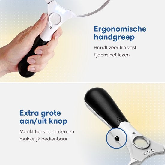 SafeLife Lupe mit Beleuchtung - 3 x LED - 2x 4x 25x - Leselupe für ältere Menschen - Lupe mit LED Beleuchtung - Lupe für Erwachsene