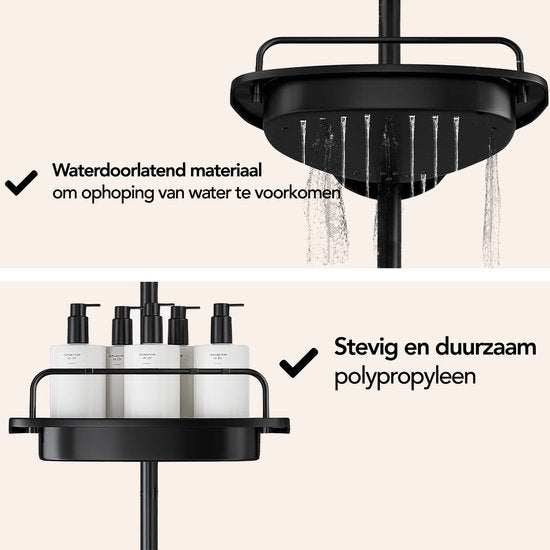 Brixy Duschregal - Teleskopisch - 85-305 cm - Kein Bohren - Boden bis zur Decke - 4 Ablagen - 3 Haken - Schwarz