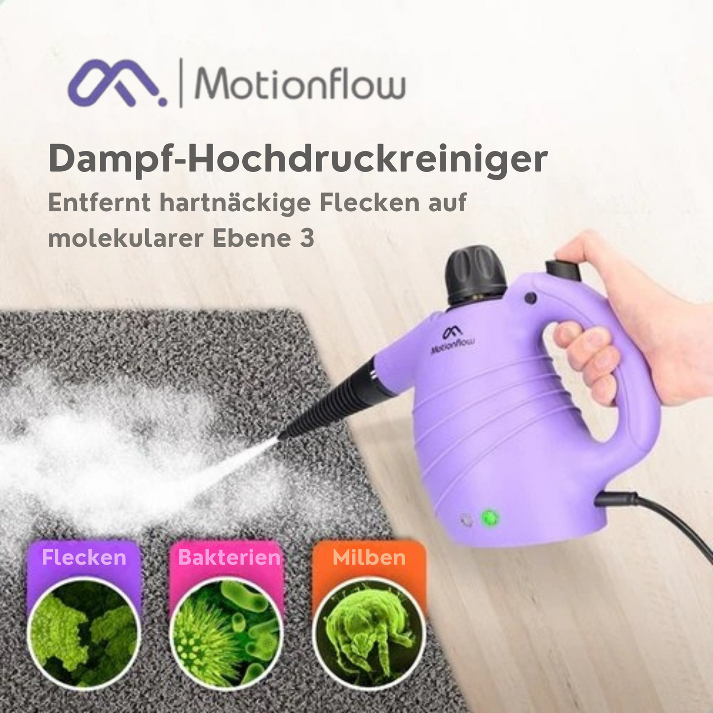 Motionflow - Dampfreiniger Pro - 1150 Watt - 12-in-1 - 450ML - 12-teiliges Zubehörset - Lila